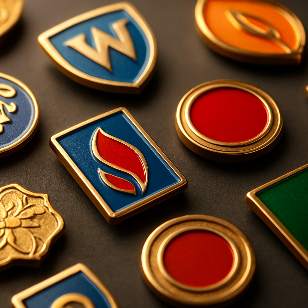 Close-up of custom metal lapel pins and enamel badges on a dark surface