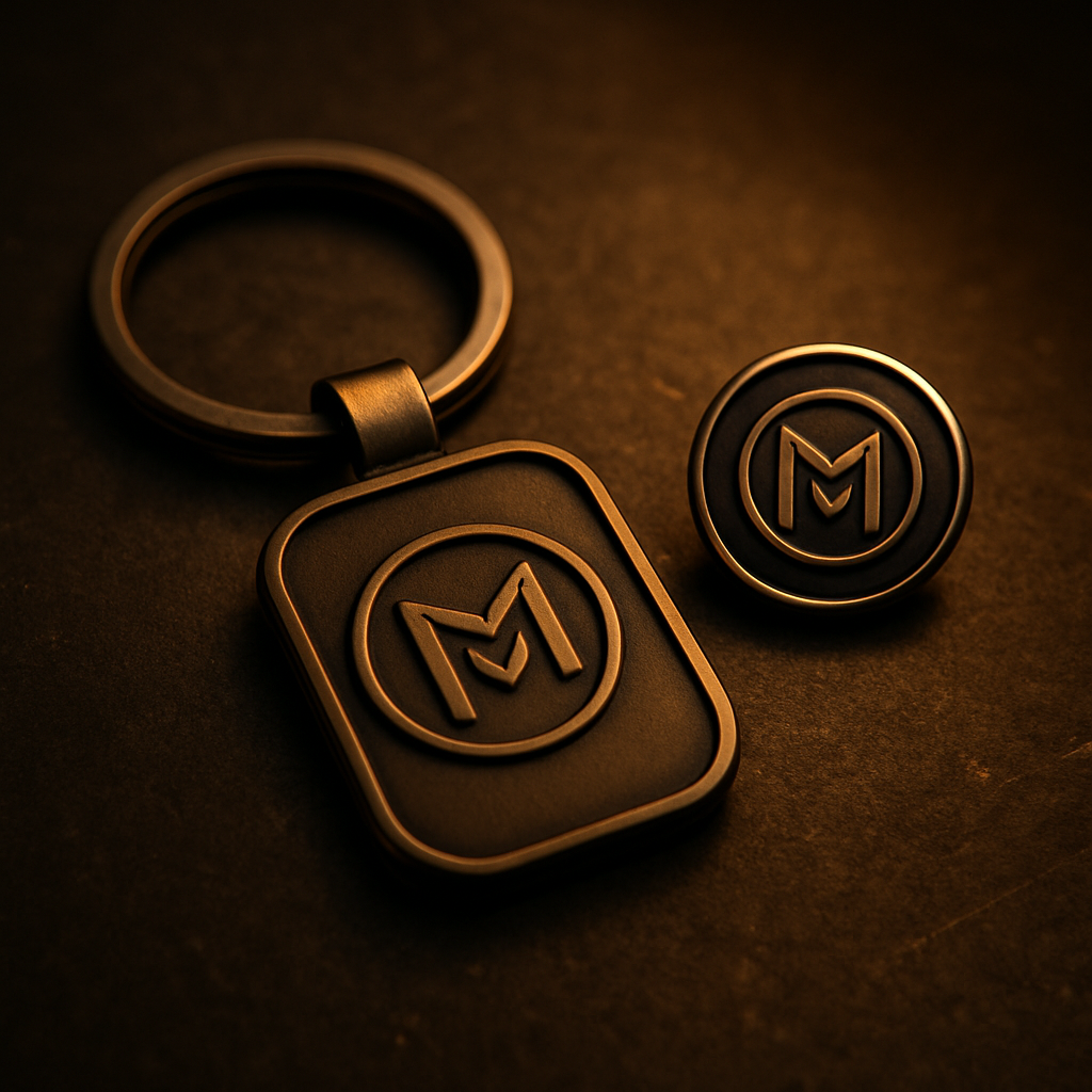 Custom branded keychain and lapel pin on a dark textured metal surface