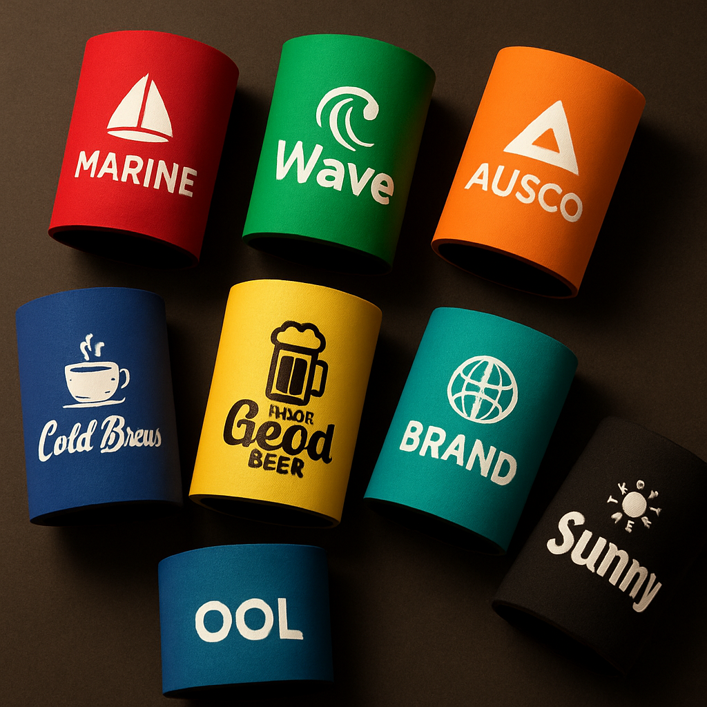 Branded neoprene stubby holders and drink coolers with custom printed branding