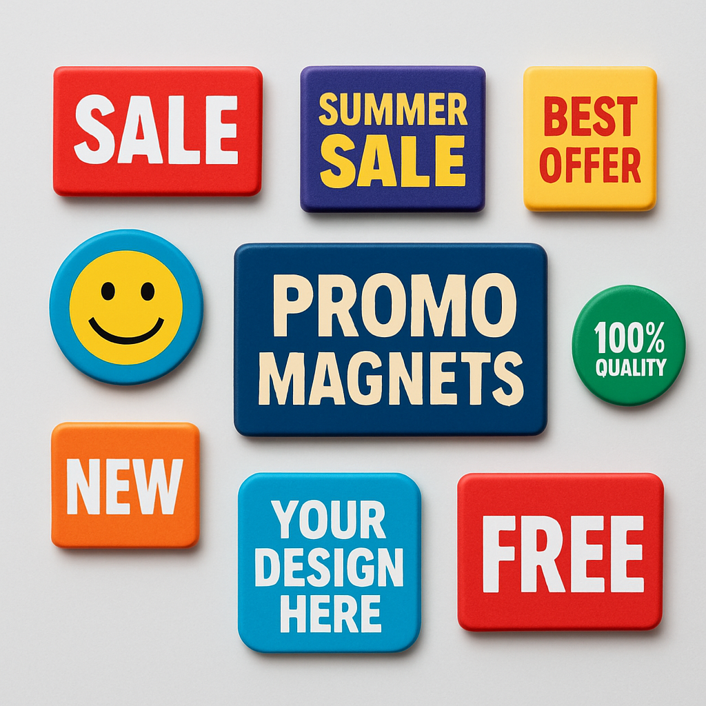 Flat lay of custom promotional fridge magnets in various shapes and sizes