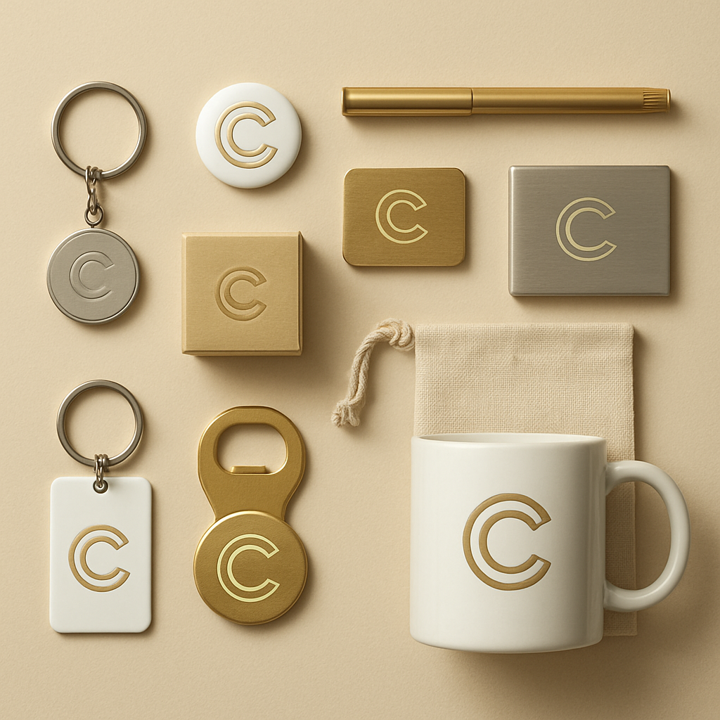 Custom corporate souvenir merchandise including keychains and branded gifts