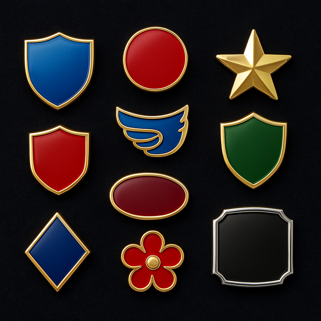 Custom metal lapel pins and enamel badges displayed on dark velvet
